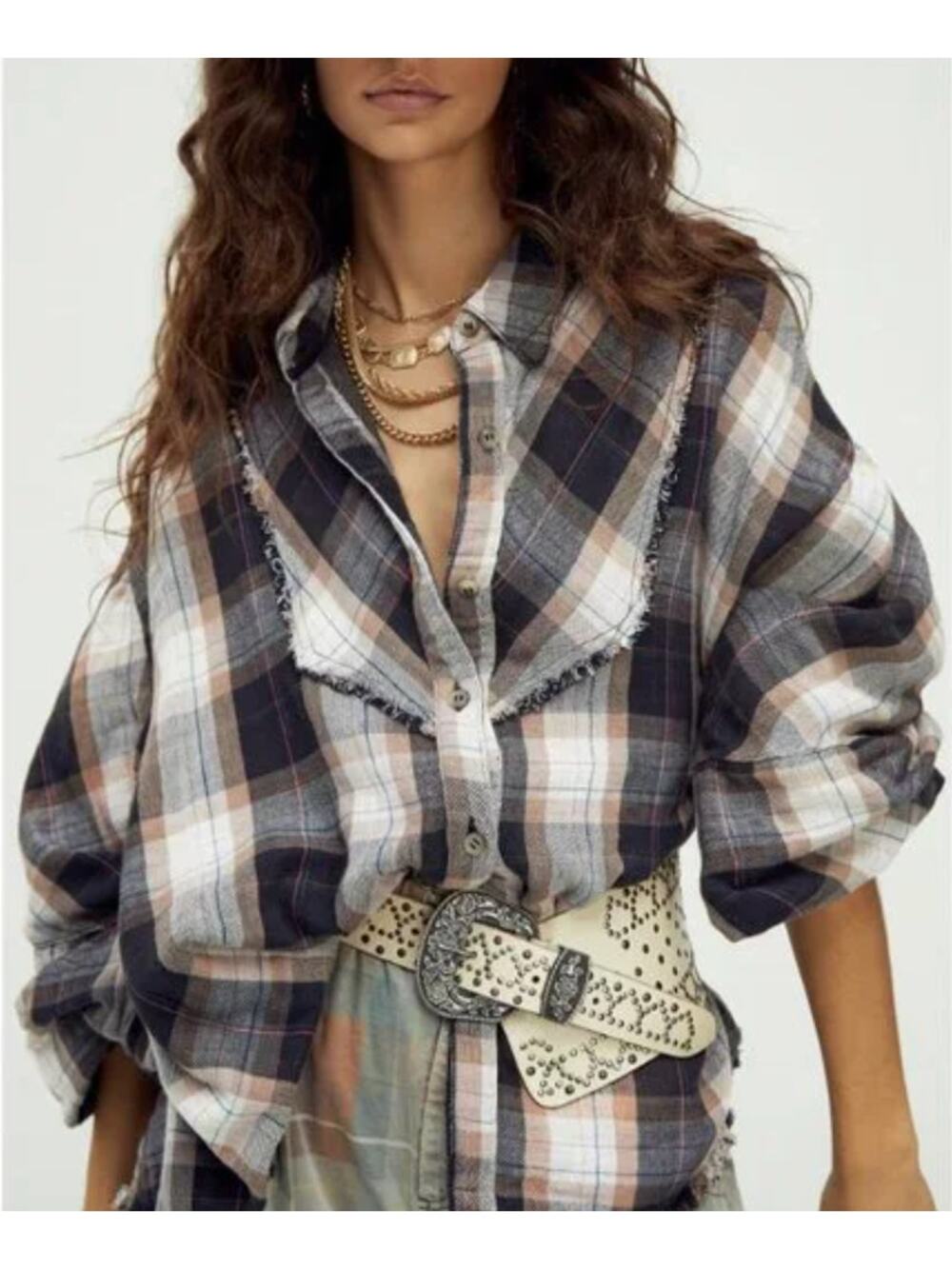 Free People We The Free Women's Kyoto Plaid Cropped Oversized Button-Up Shirt S - Picture 1 of 12